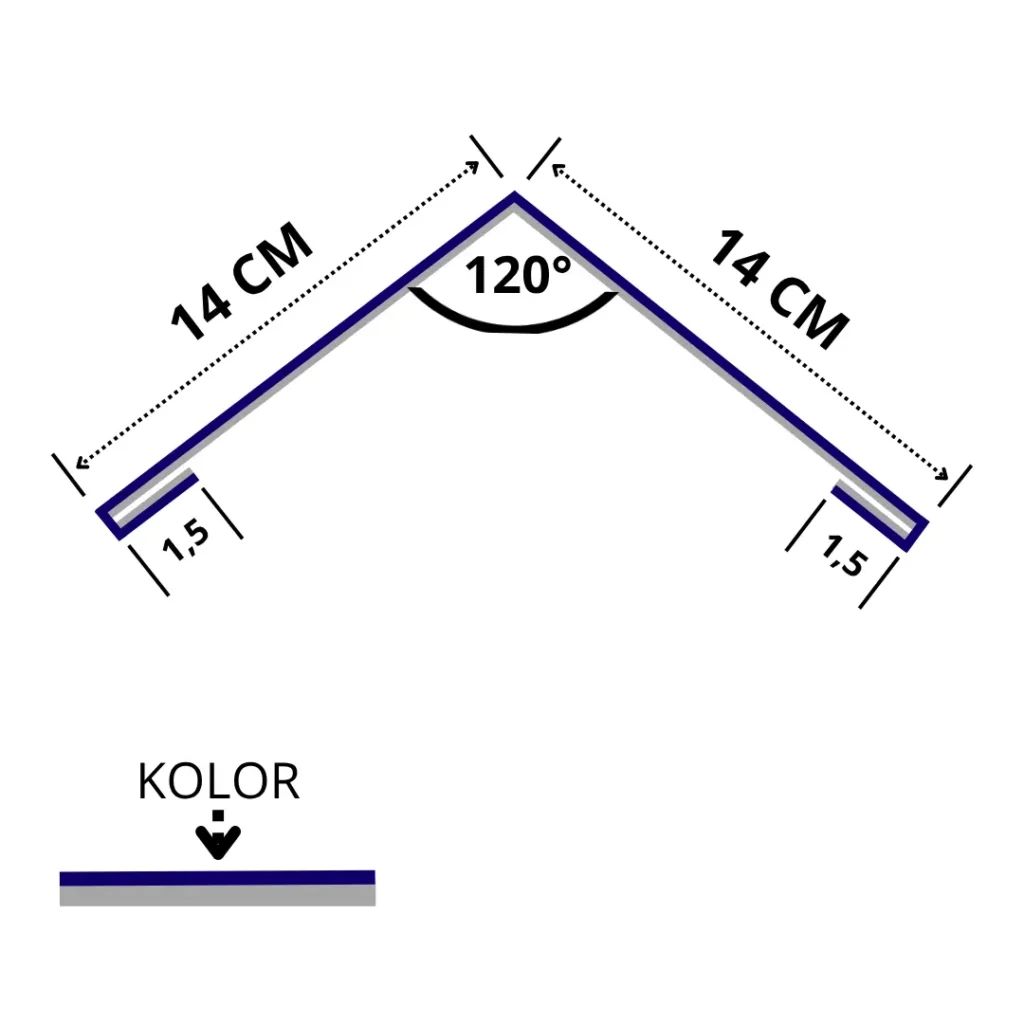 Gąsior 14x14x1,5x1,5 cm 120 stopni nachylenie dachu 30 stopni rysunek techniczny