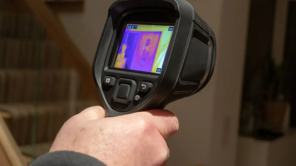Zdjęcie przedstawia kamerkę termowizyjną skierowaną na obróbki blacharskie
