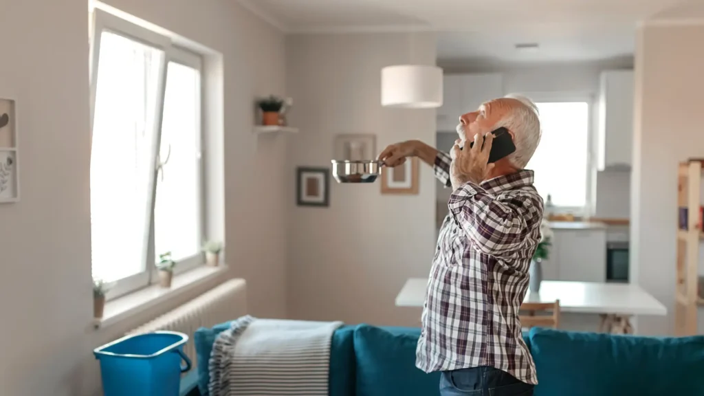 Zdjęcie przedstawia cieknący sufit