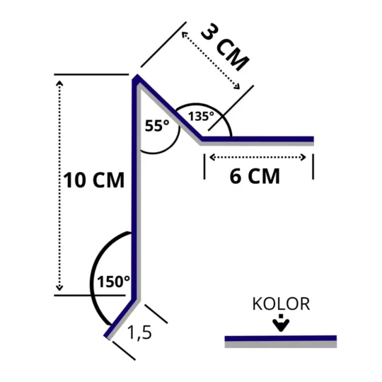 Wiatrownica pod gont lub pape 10x6x3x1,5 cm rysunek techniczny