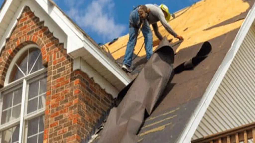 Jak kleić taśmę dekarską - zdjęcie przedstawia specjalistę który klei taśmę dekarską do dachu