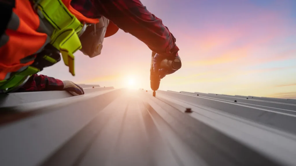 Jak zamontować blachę trapezową - zdjęcie przedstawia montaż blachy trapezowej na dachu za pomocą wkrętów farmerskich