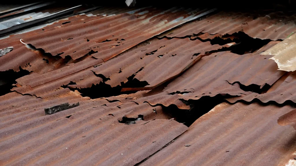 Usuwanie rdzy z dachu - zdjęcie przedstawia bardzo zardzewiały i zniszczony dach