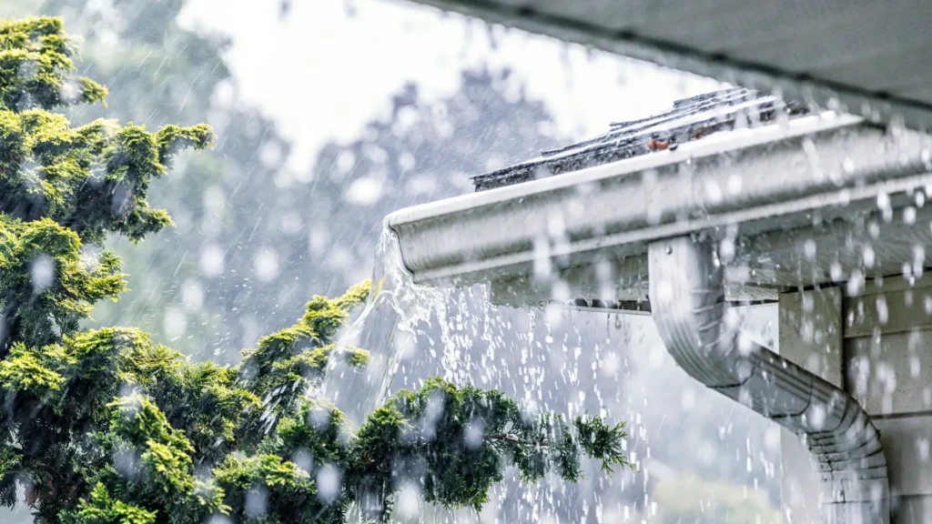 Zatory wodne i mostki termiczne na dachu - zdjęcie przedstawia zator wodny w rynnie zamontowanej na dachu