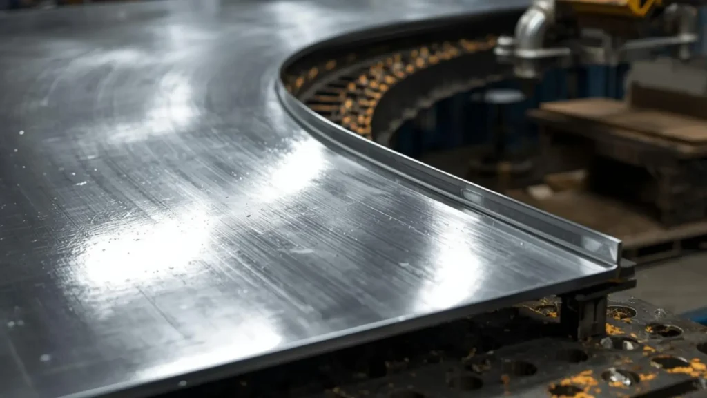 Proces cięcia i obróbki blachy powlekanej, pokazujący narzędzia i techniki używane do formowania i dopasowywania metalowej blachy z powłoką ochronną