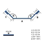 Maskownica wewnętrzna ukośna – obróbka blacharska – rysunek techniczny. Rysunek przedstawia wymiary i szczegóły konstrukcyjne produktu przeznaczonego do wykończenia wewnętrznych krawędzi dachowych.